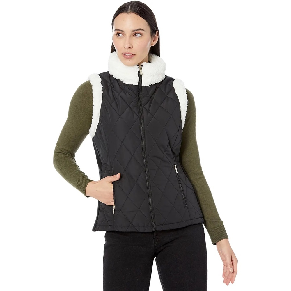 Calvin Klein Quilted Faux Sherpa Puff Zip Vest - Black - Large
